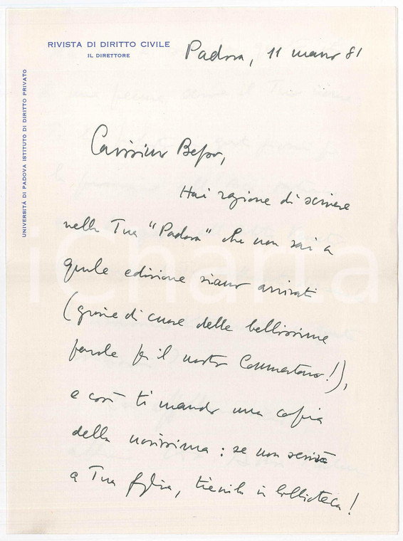 1981 PADOVA Lettera Alberto TRABUCCHI per articolo su "Padova" *Autografo