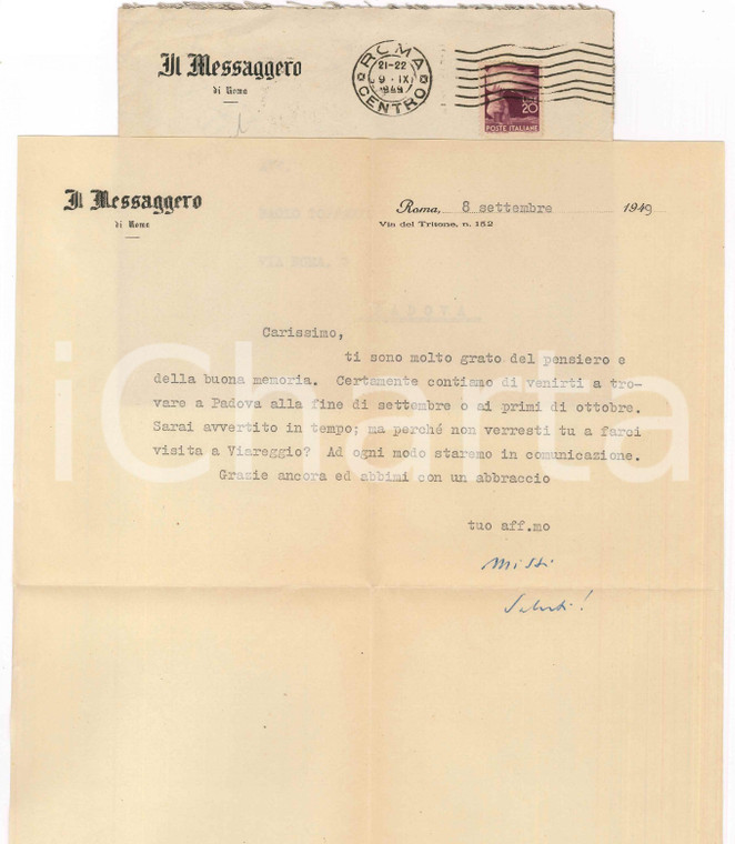 1949 ROMA IL MESSAGGERO Mario MISSIROLI invita amico a Viareggio *AUTOGRAFO