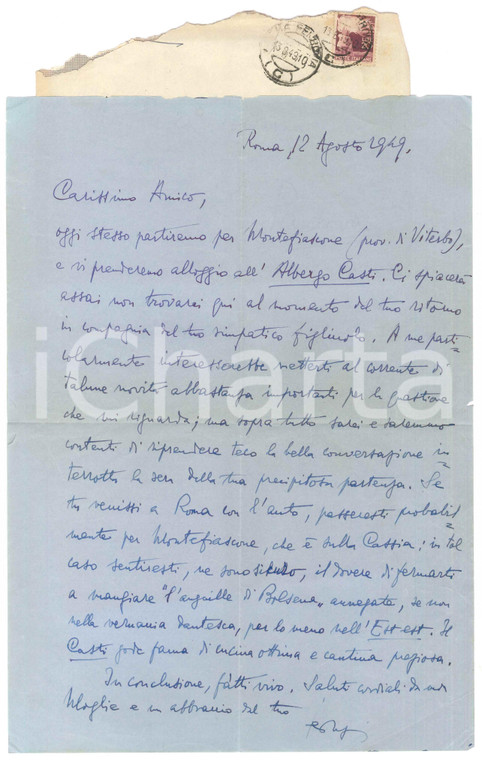 1949 ROMA Lettera Luigi FEDERZONI in partenza per Montefiascone - AUTOGRAFO