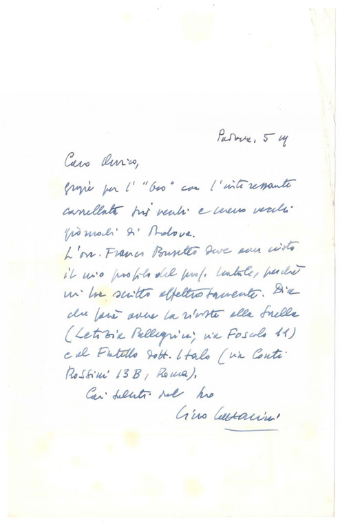 1975 ca PADOVA Lino LAZZARINI - Lettera ringraziamento *Autografo