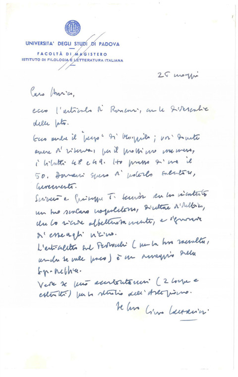 1975 ca Università di PADOVA - Lino LAZZARINI - Lettera per articolo *Autografo