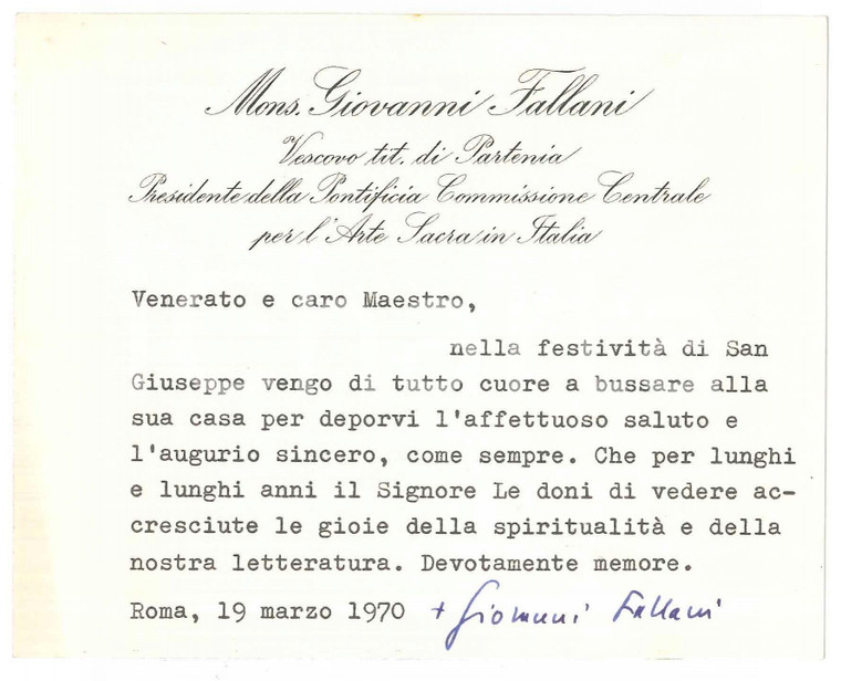 1970 ROMA Mons. Giovanni FALLANI - Auguri S. Giuseppe *Biglietto AUTOGRAFO