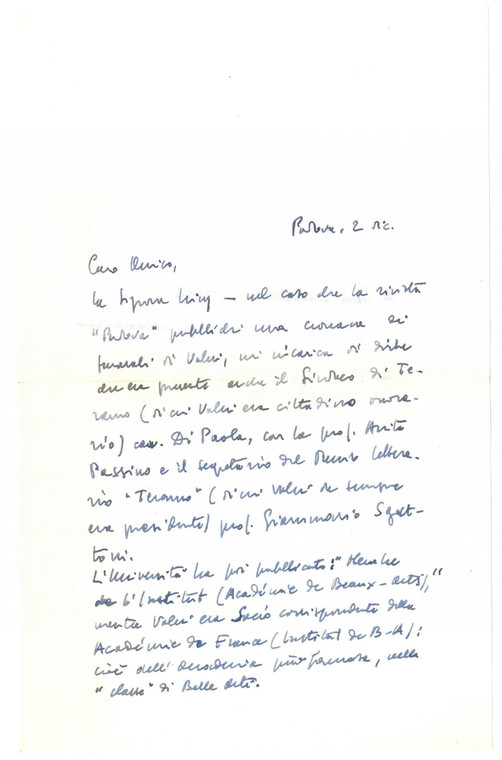 1980 ca PADOVA Lettera Lino LAZZARINI su commemorazione Diego Valeri *Autografo