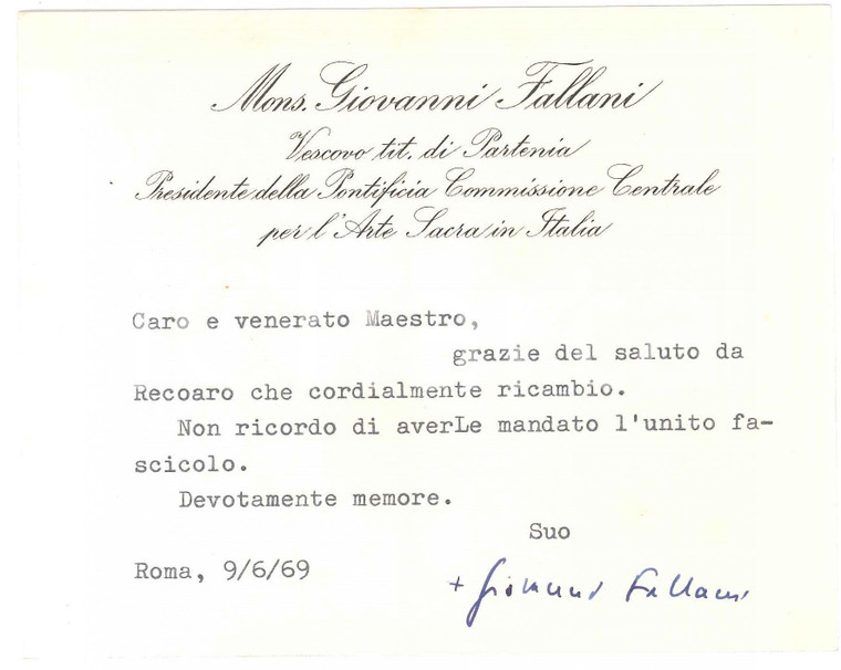 1969 ROMA Mons. Giovanni FALLANI vescovo Partenia - Biglietto AUTOGRAFO
