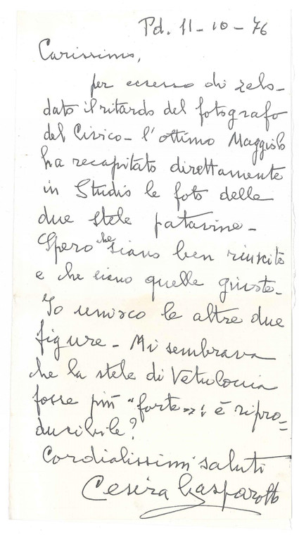 1976 PADOVA Lettera Cesira GASPAROTTO su foto stele patavine  - AUTOGRAFO