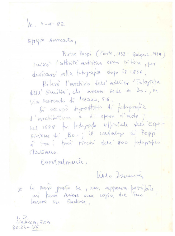 1982 VENEZIA Lettera Italo ZANNIER su Pietro Poppi fotografo - Autografo