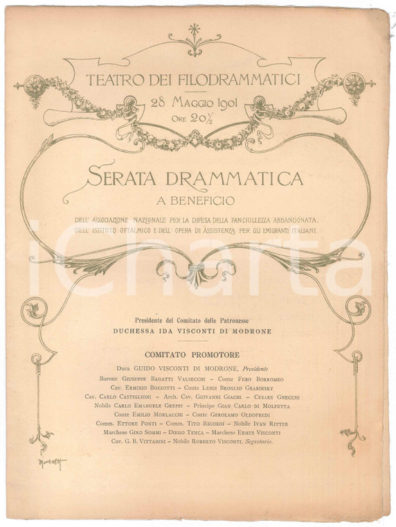 1901 MILANO Teatro dei Filodrammatici - Programma serata di beneficenza