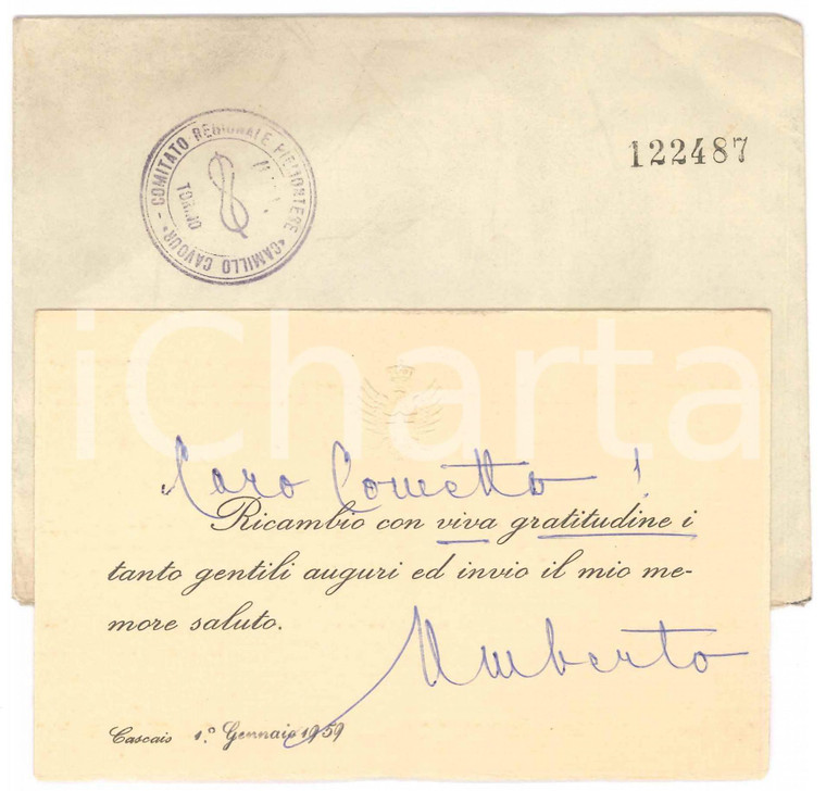 1959 CASCAIS (P) Auguri re UMBERTO II in esilio a Guido COMETTO *Autografo