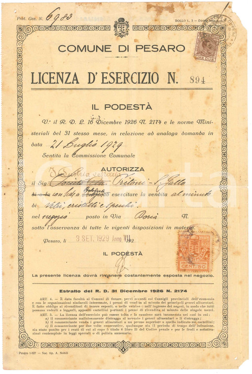 1929 PESARO Licenza d'esercizio ditta vetraria TRITONI - S. GALLO a BOLOGNA