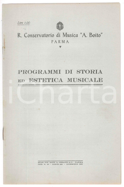 1931 PARMA Conservatorio "A. BOITO" - Programmi storia ed estetica musicale