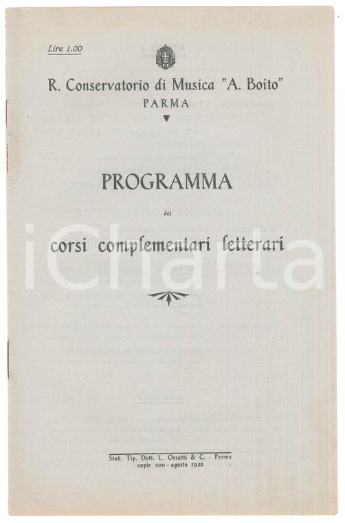 1931 PARMA Conservatorio "A. BOITO" - Programma corsi complementari letterari