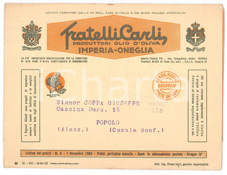 Novembre 1964 IMPERIA ONEGLIA Fratelli CARLI olio d'oliva *Listino prezzi