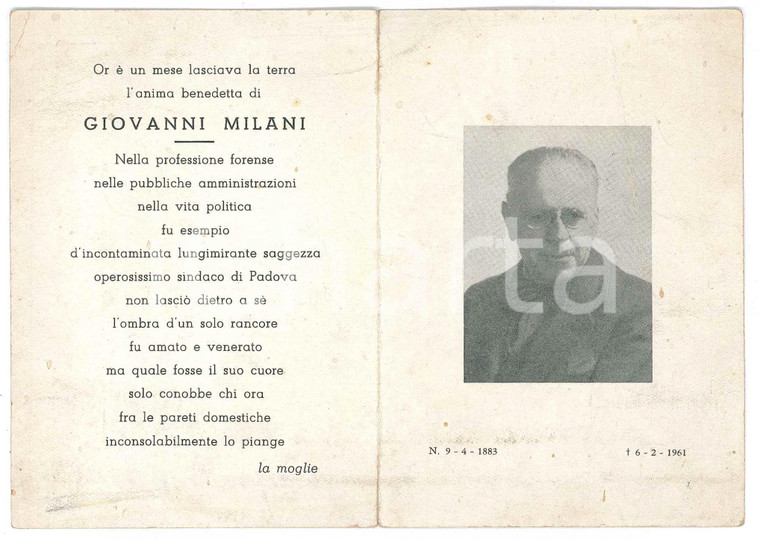 1961 PADOVA On. Giovanni MILANI - Avvocato *Santino lutto