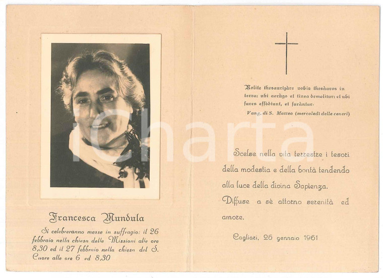 1961 CAGLIARI Francesca MUNDULA - Scrittrice - Santino lutto