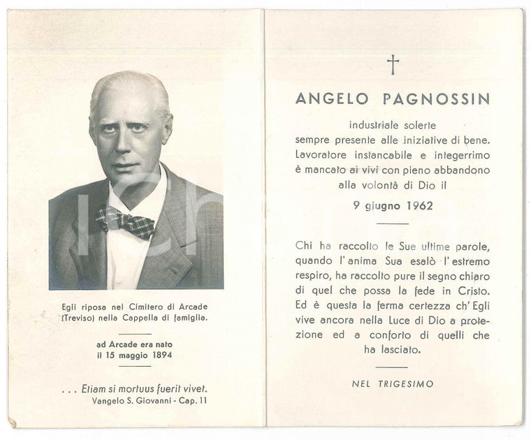 1962 TREVISO Angelo PAGNOSSIN Imprenditore ceramica *Santino trigesimo lutto
