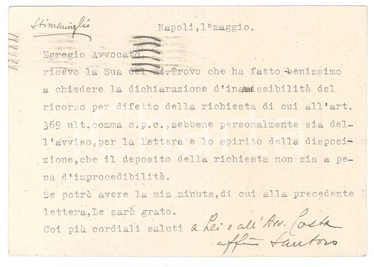 1943 NAPOLI Cartolina avv. Francesco SANTORO-PASSARELLI a un collega - Autografo