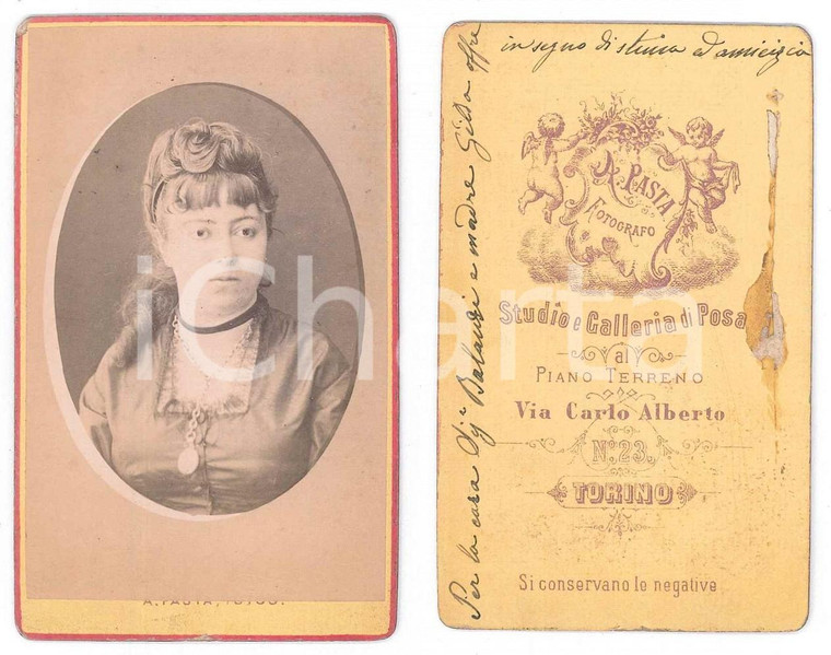 1880 ca TORINO Giovane donna con collana e medaglione *Foto Alessandro PASTA CDV