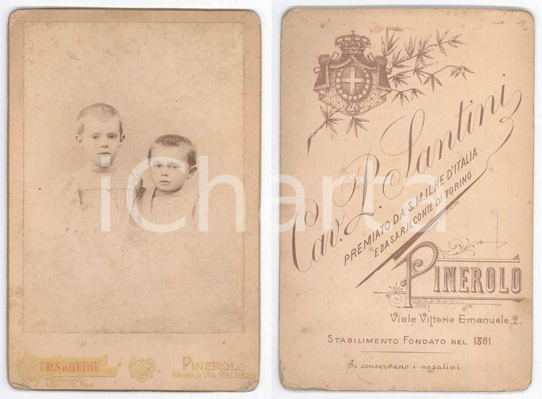 1880 ca PINEROLO Ritratto di due fratelli bambini *Foto Pietro SANTINI 11x16