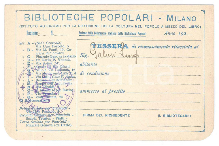 1920 ca MILANO Biblioteche popolari - Tessera con timbro Università Popolare