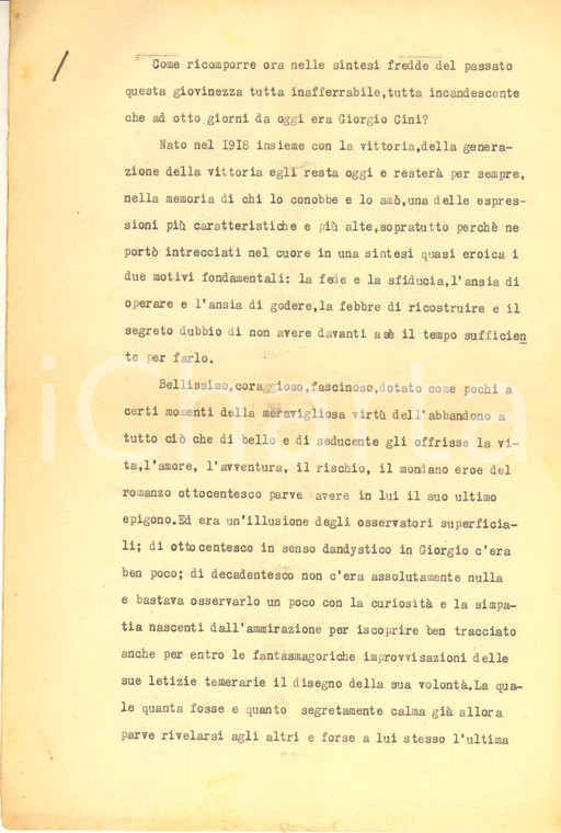 1949 ANONIMO Commemorazione funebre per Giorgio CINI - Dattiloscritto inedito
