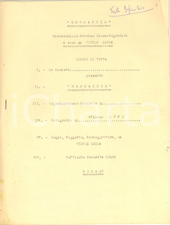 1954 CINEMA Victor LEDDA "Boccaccio" - Soggetto storico INEDITO 8 pp.