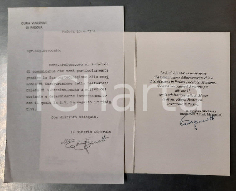 1984 PADOVA S. Massimo - Biglietto e lettera mons. Alfredo MAGAROTTO - AUTOGRAFO