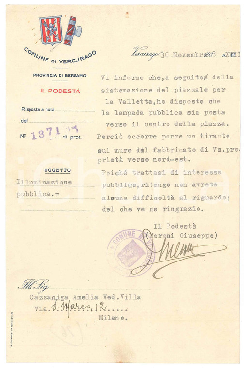 1938 VERCURAGO Lettera Giuseppe MERONI podestà per lavori pubblici *Autografo