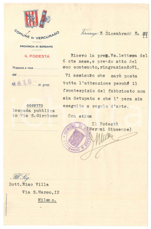 1938 VERCURAGO (LC) Lettera Giuseppe MERONI podestà per lavori *Autografo