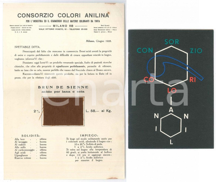 1928 MILANO Consorzio Colori ANILINA Listino prezzi e colore BRUN DE SIENNE