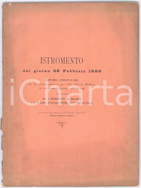 1888 MILANO Istromento modificazione contratti per illuminazione della città