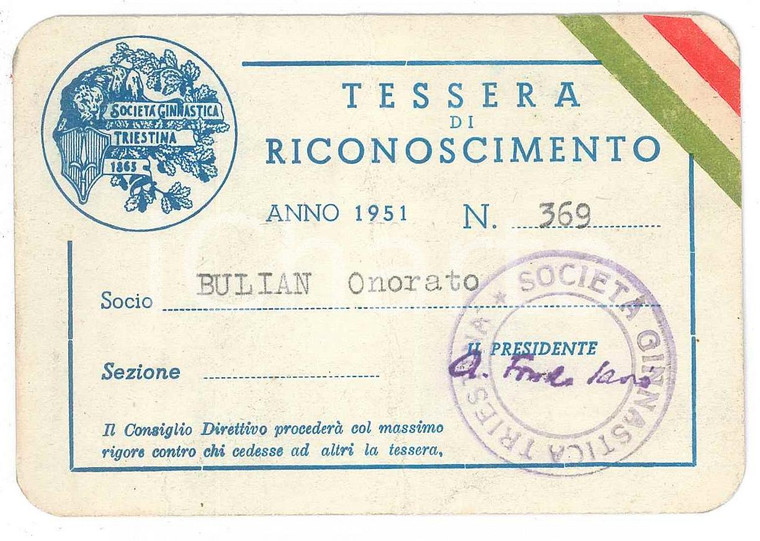 1951 TRIESTE Società Ginnastica Triestina - Tessera 10x6 cm