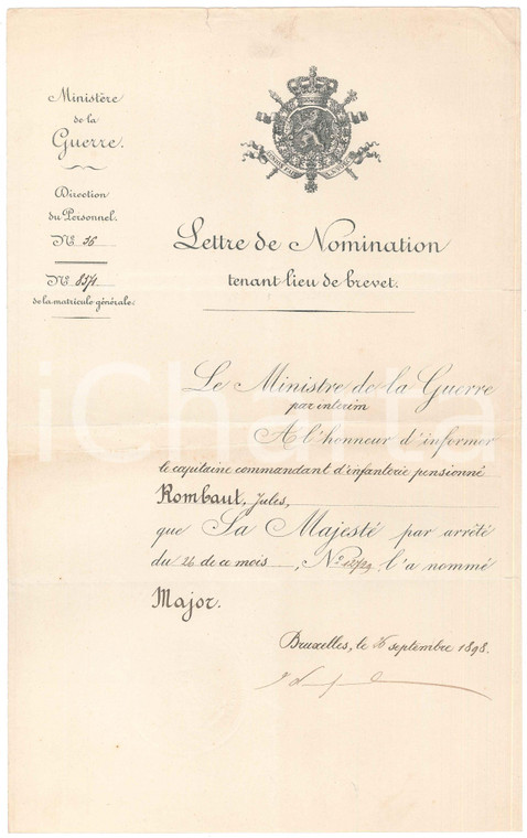 1898 BRUXELLES (B) Nomination Jules ROMBAUT *Jules VANDENPEEREBOOM Autographe