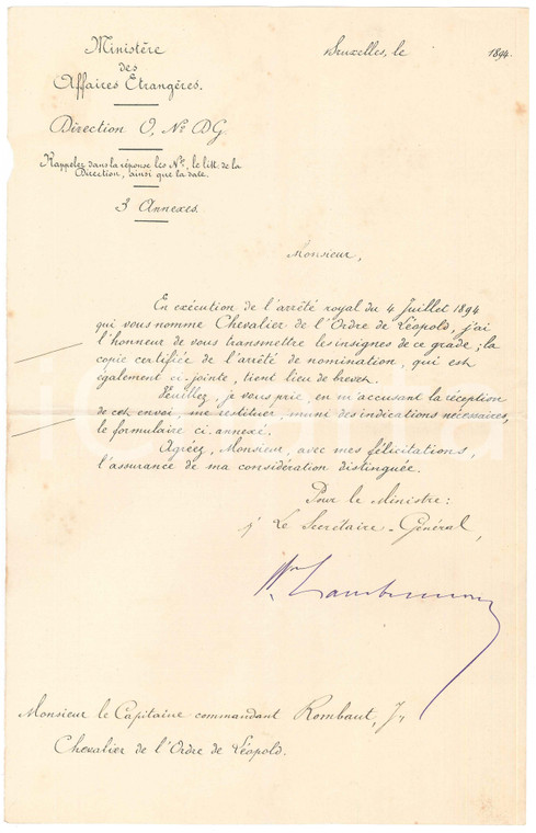 1894 BRUXELLES Insignes à Jules ROMBAUT chevalier ordre de Léopold *Lettre