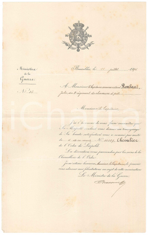 1894 BRUXELLES Nomination Jules ROMBAUT chevalier *Jacques BRASSINE Autographe