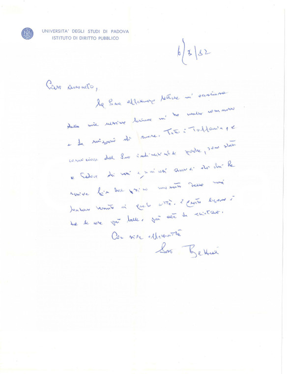 1982 PADOVA Lettera Giuseppe BETTIOL per ringraziamento - AUTOGRAFO