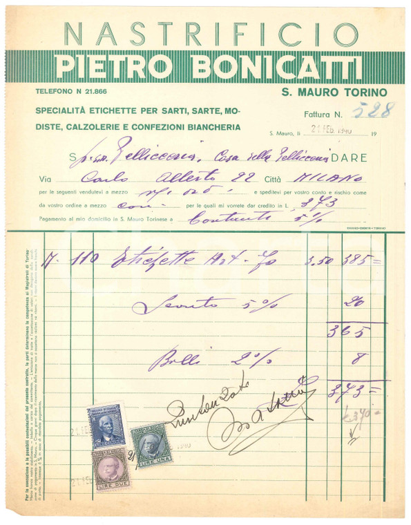 1940 SAN MAURO TORINESE Nastrificio Pietro BONICATTI - Fattura etichette