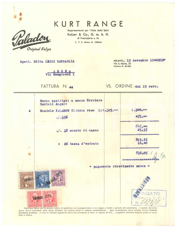 1940 MILANO Via S. Marta 23 - KURT RANGE Prodotti dentali  - Fattura