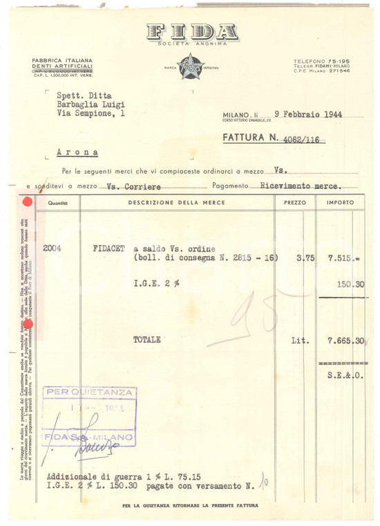 1944 MILANO Corso Vittorio Emanuele - FIDA Fabbrica Denti Artificiali *Fattura