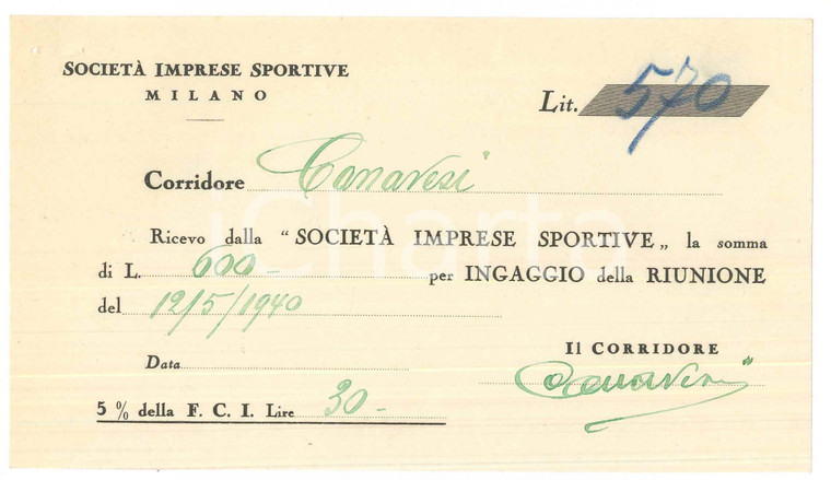 1940 CICLISMO Milano VIGORELLI Ricevuta Severino CANAVESI per corsa ^AUTOGRAFO