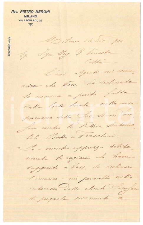 1910 MILANO Lettera avv. Pietro MERONI per incarico rifiutato *Autografo