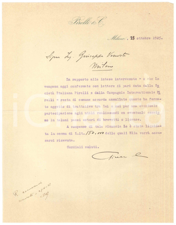 1925 MILANO - Autografo Giovanni Battista PIRELLI - Lettera utili ing. Venosta