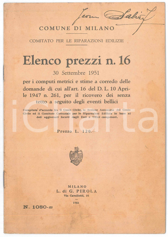 1951 COMUNE DI MILANO Elenco prezzi n°16 per stime senzatetto eventi bellici