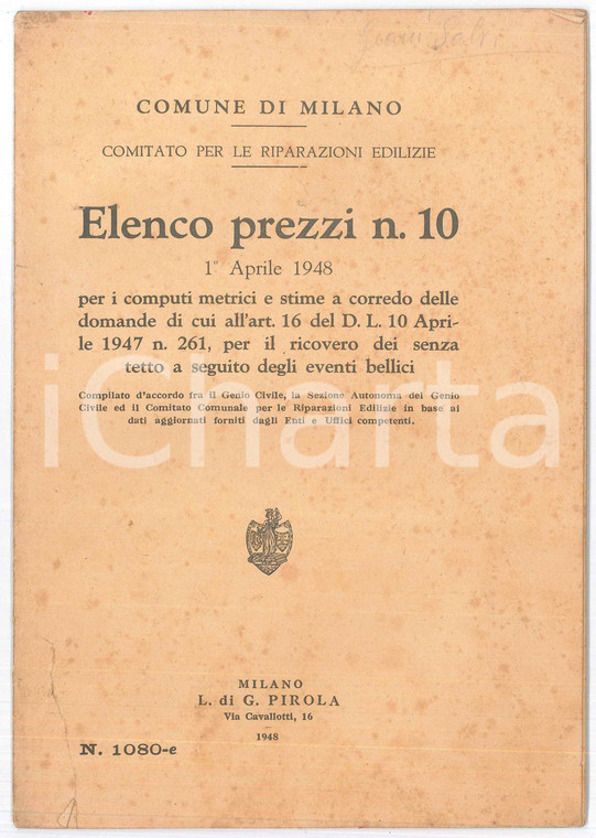 1948 COMUNE DI MILANO Elenco prezzi n°10 per stime senzatetto eventi bellici