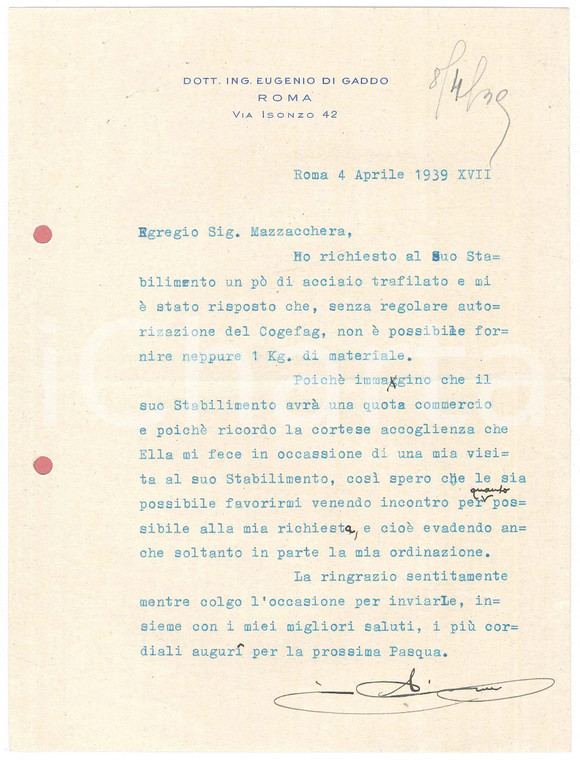 1939 ROMA Lettera ing. Eugenio DI GADDO per acciaio trafilato *Autografo