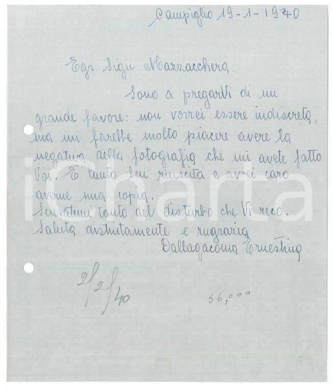 1940 MADONNA DI CAMPIGLIO - Lettera Ernestina DALLAGIACOMA per foto *Autografo