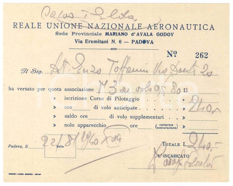 1940 PADOVA Reale Unione Nazionale Aeronautica - Ricevuta per corso pilotaggio