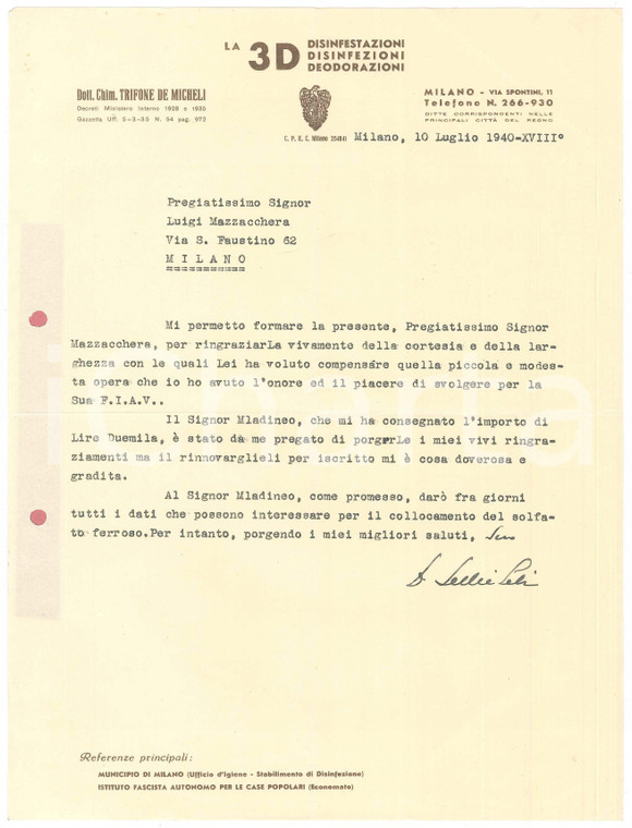 1940 MILANO Lettera Trifone DE MICHELI - Ditta 3D Disinfestazioni *Autografo