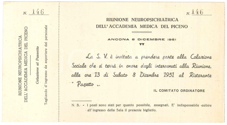 1951 ANCONA Accademia medica del Piceno - Invito colazione a Ristorante Passetto