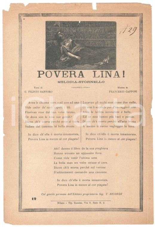 1890 ca G. FILINTO SANTORO Francesco CAPPONI Povera Lina! - Melodia stornello