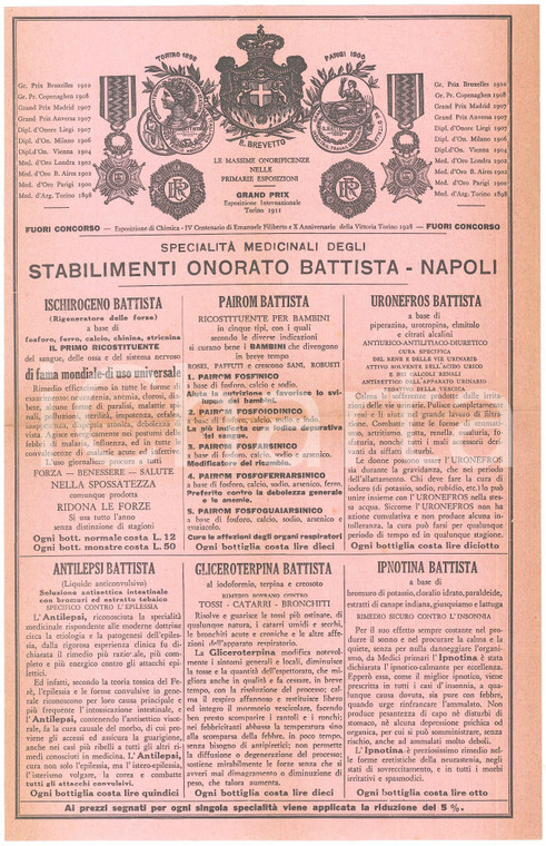 1930 ca NAPOLI Farmaceutica ONORATO BATTISTA - Volantino pubblicitario